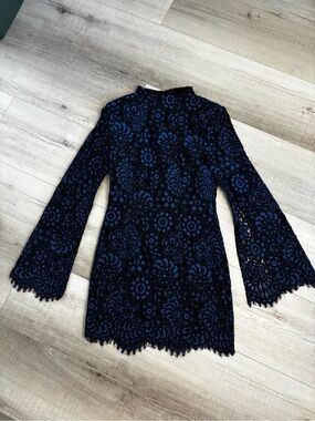 Mossman Blue Black Floral Lace Long Sleeve Mini Dress Size 6